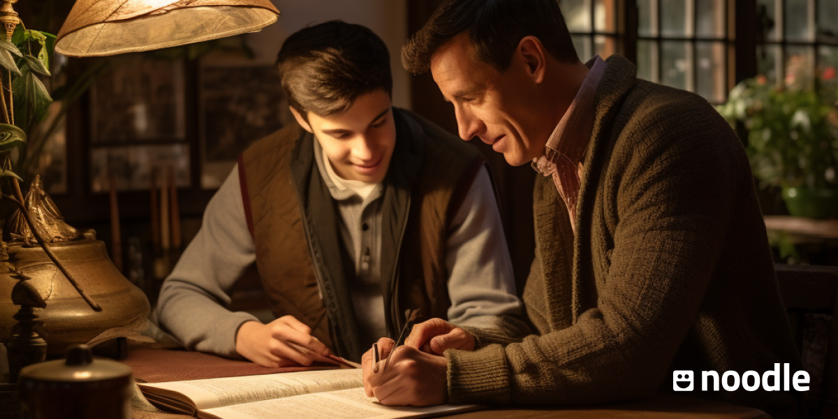 A tutor teaches a high-school age student. The two sit at a desk and work out a problem.