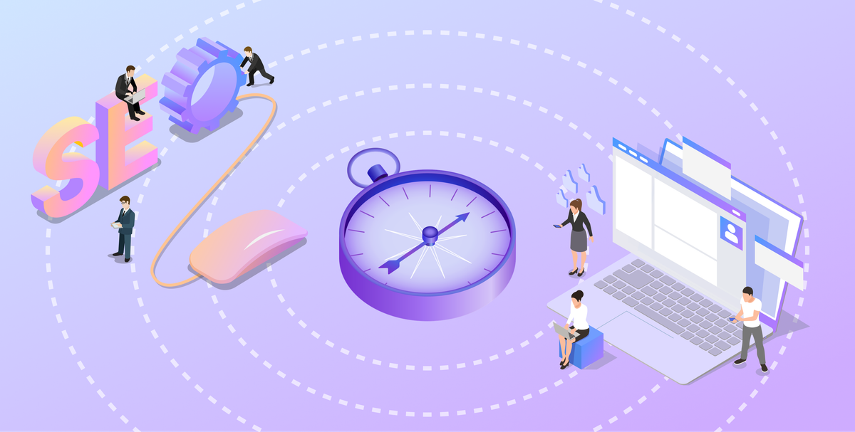 An illustrated image with a watch, laptop, mouse, and the word SEO