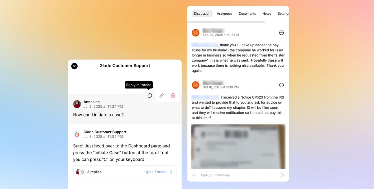 Glade AI chat interface helping immigration and bankruptcy lawyers manage client conversations, case initiation, and document uploads securely.